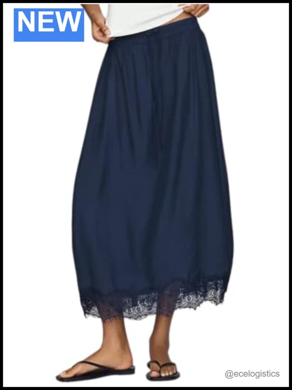 Lace Hem Midi Skirt High Waist with Pockets 85%Rayon 15%Nylon A-Line Casual